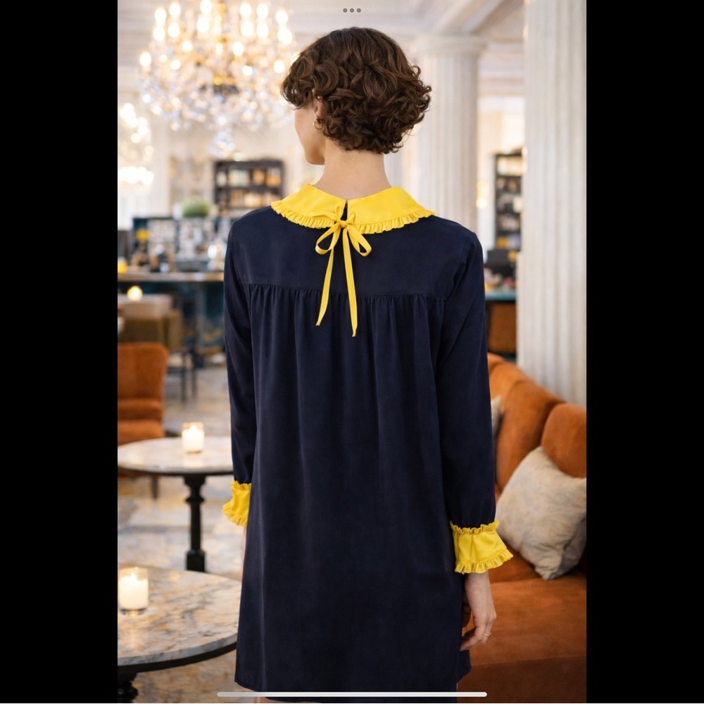 NWT Bill Blass 100% Silk Navy Shift Dress w/ Yellow Ruffle Collar – Size S - Picture 4 of 16